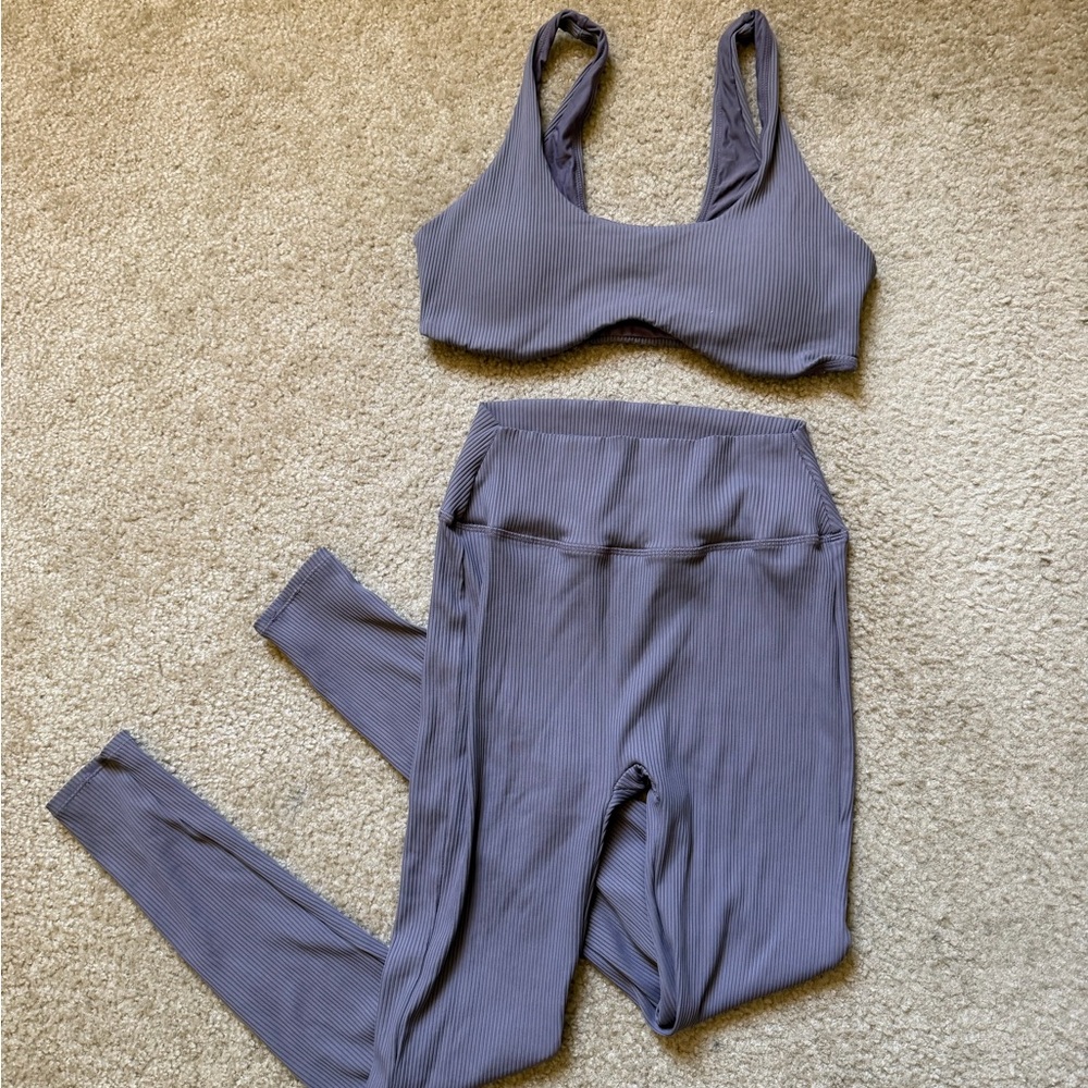 Pepper Luxe Ribbed Purple Sports Bra and Leggings Set